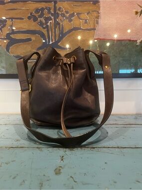 Classic Leather Drawstring Bucket Bag - Dark Brown